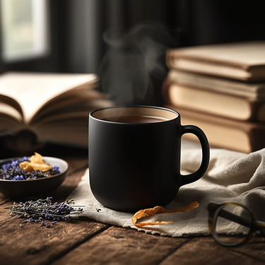 A steaming black mug of London Haze – A Soft Storm in a Teacup ☁️🫖💜 rests on a cloth napkin, accented by lavender, orange peels, open books, and glasses on a rustic wooden table in gentle natural light.